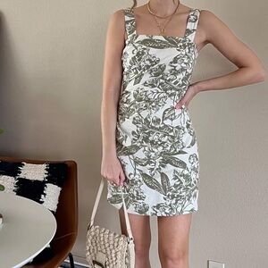 Abercrombie Linen Square-Neck Ruched Mini Dress Size XL Floral Green White